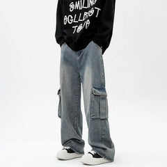 Vintage Y2K Fashion Streetwear Cargo Jeans for Men Straight Wide Leg Pants Male Loose Casual Denim Trousers Hip Hop Harajuku