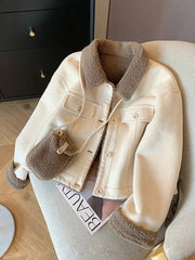 Suede Velvet Lamb Jacket Women Autumn Winter Thick Warm Turndown Collar Coat Y2K Loose Streetwear All Match Long Sleeve Outwear voguable