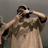 American vintage short sleeved T-shirt men summer tide ins suede loose drop shoulder oversize five point sleeve shirt y2k tops voguable