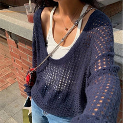 Women's Pointelle Knit Top Scoop Neck Long Sleeve Openwork Pullover Sweater Hollow-out Tops Summer Cover Up Boho Chic Outfit voguable