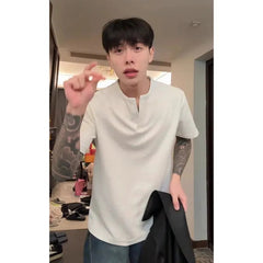 Henley Collar Summer Men Short Sleeve T-Shirt Waffle Button Casual Solid Color T Shirts Loose Comfortable Breathable Beach Tops voguable