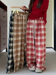 Vintage Faux Woolen Plaid Pant Women High Waist Soft Loose Wide Leg Trousers Casual Female Fall Winter Pockets Retro Y2K Pants voguable