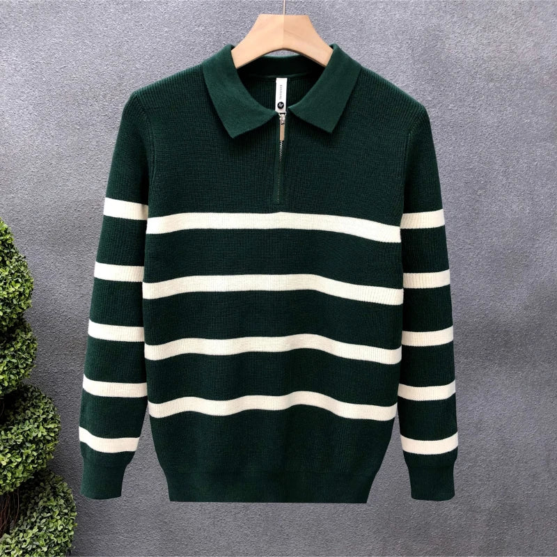 Autumn Winter New Fashion Turn-down Collar Half Zipper Long Sleeve Pullovers Men's Clothing Striped Knitting All-match Chic Tops