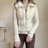 Voguable Women Knitted Coats Fall Winter American Simple Furry Patchwork Slim Fit Jacket Office Lady Elegant Zipper Fashion Female Tops voguable