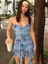 Flower Patchwork Dress Women Bandage Halter Low-Neck Ruched Ribbon Tierred Hem Street Fashion Elegant Mini Bodycon voguable