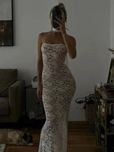 Voguable Sexy Lace Strapless Dress Female See Through Ribbon Long Dress Slim Hot Girl Sleeveless Beach Party Dress Lady New lollapalooza outfit spring outfits voguable