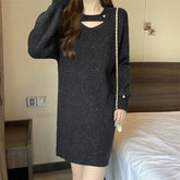 Voguable Hepburn Style Hollow Loose Sweater Dress Women Winter Lantern Sleeve Bright Silk Midi Elastic Comfortable All-match Knit Dresses voguable
