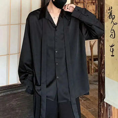 Korean Style Men's Shirts Turn-down Collar Detachable Tie Lace-up Design Single Breasted Casual Solid Color Male Tops 9W180 voguable