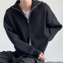 Solid Color High Collar Double Zipper Sweaters Cardigan Jacket Men and Women Autumn New Loose Couple Oversized Knitted Sweater voguable