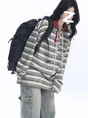 Retro Preppy Style Striped T Shirt Women Loose Long Sleeve American Retro Tees Fall New Letter Embroidery Lace Up Patchwork Tops voguable