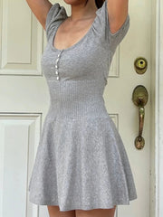 Voguable American Y2k Elegant Temperament Square Collar Puff Sleeve Slim Waist High Waist Summer Dresses voguable