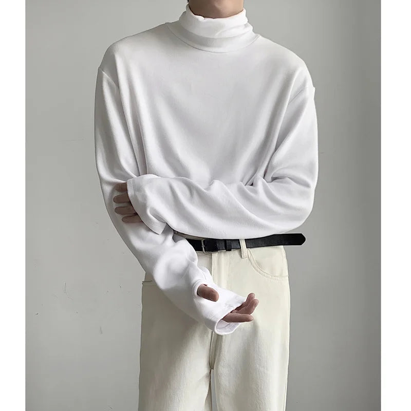 High Collar T Shirt Men Oversized Fashion Black White Casual Tshirt Men Korean Loose Long Sleeve T-shirt Mens Top M-2XL voguable