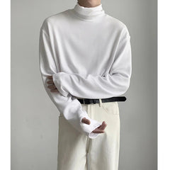 High Collar T Shirt Men Oversized Fashion Black White Casual Tshirt Men Korean Loose Long Sleeve T-shirt Mens Top M-2XL voguable