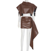 Voguable Sexy Streetwear Y2K Two Piece Womens Faux Leather Skirt Sets Autumn Fashion Cropped Top and Irregular Mini Skirts Outfits voguable