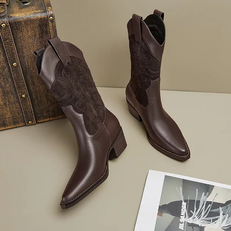 Retro Western Women Mid-Calf Boots Genuine Leather High Quality Shoes Woman Fashion Sewing Casual Office Lady Autumn Winter voguable