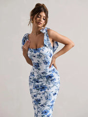 Floral Print Backless Sexy Maxi Dress For Women Gown Spaghetti Strap Square Collar Ruched Bodycon Club Party Dress voguable