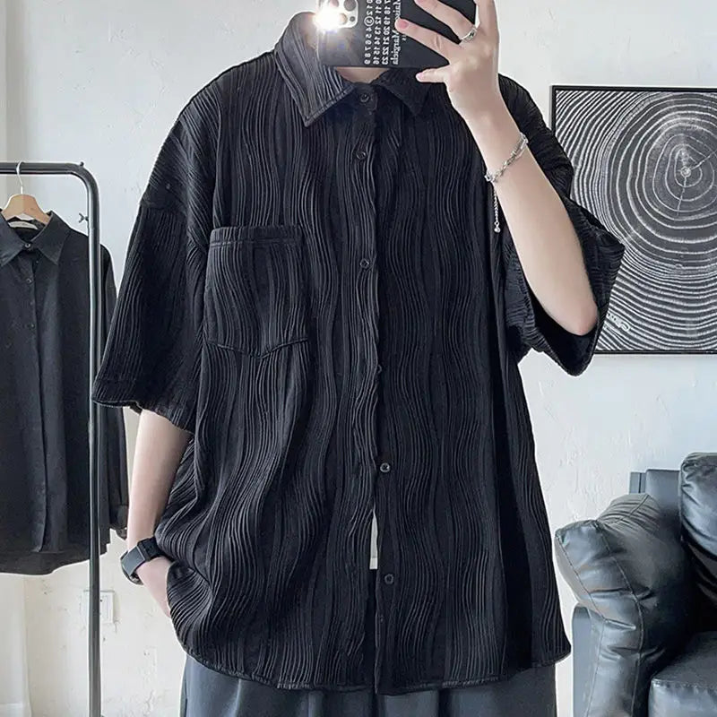 Voguable Men's Clothing Straight Tops Man Turn-down Collar Shirts Spring Summer Thin Temperament Handsome Button Pockets Short Sleeve voguable