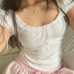 Fairycore Crop Top y2k Clothes Women Lace Trim Scoop Neck Knitted T Shirt with Bow 2000s Clothing Sweet Streetwear voguable