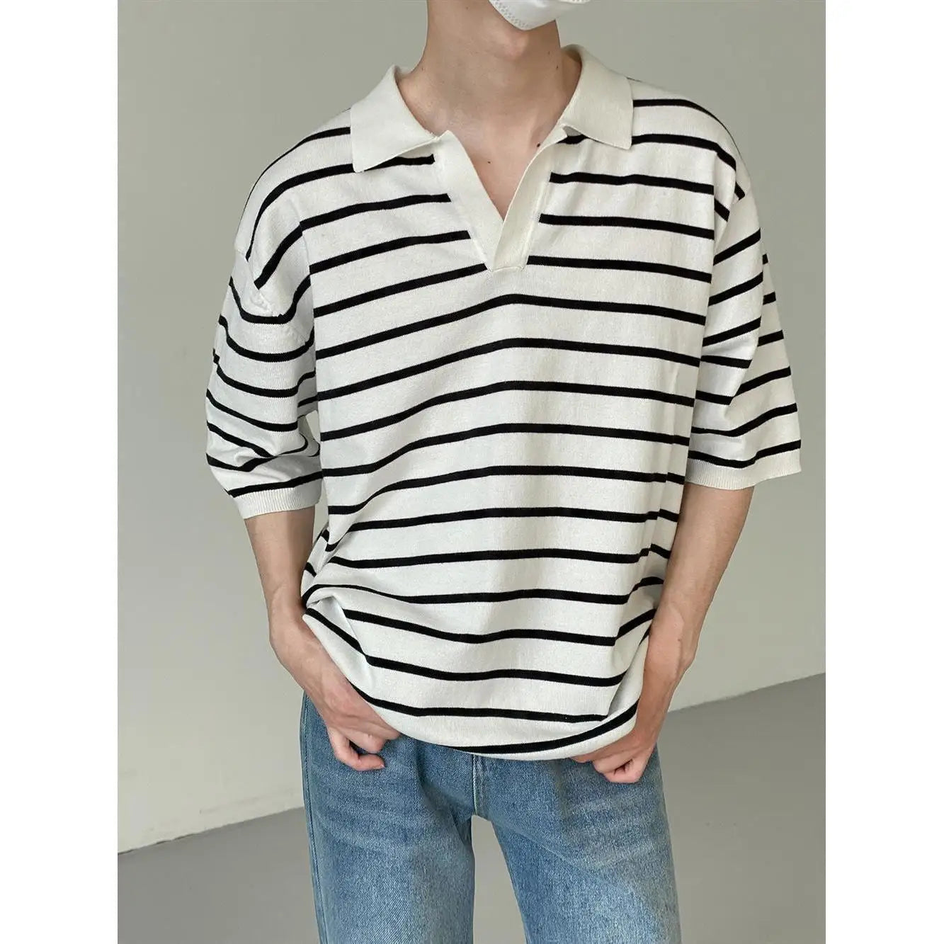 Korean Style High Quality Summer Lapel Polo T Shirt for Men Striped Knitted Top Casual Loose Men's Short Sleeve Tee Polo Shirt voguable