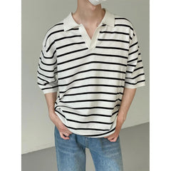 Korean Style High Quality Summer Lapel Polo T Shirt for Men Striped Knitted Top Casual Loose Men's Short Sleeve Tee Polo Shirt voguable