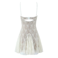 New Fashion Women Spaghetti Straps Lace Sexy Dresses Black Beige Backless Hollow Out A-line Mini Dress Night Out Robe voguable