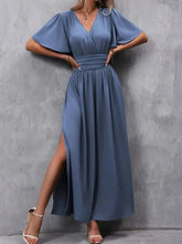 Voguable spring/summer new women's elegant deep V-neck design with slit pleats on both sides and waist cinching long skirt voguable