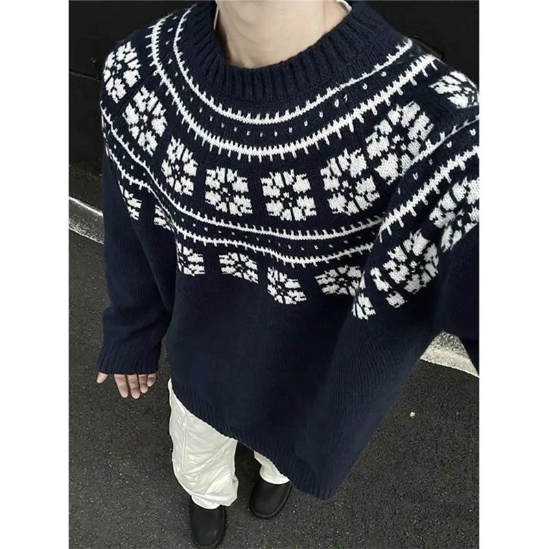 Vintage Navy Blue Sweater Jacquard O-Neck Knit Pullover New Autumn Winter Loose Couple Knitted Sweater Tops Aesthetic Streetwear voguable