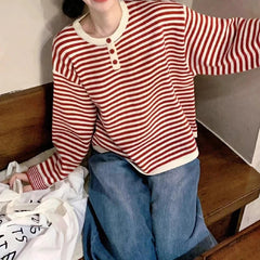 Voguable Vintage Women Striped Knit Sweater Button Crew Neck Long Sleeve Casual Pullover Woman Spring Autumn Loose Fit Casual Sweater Top voguable
