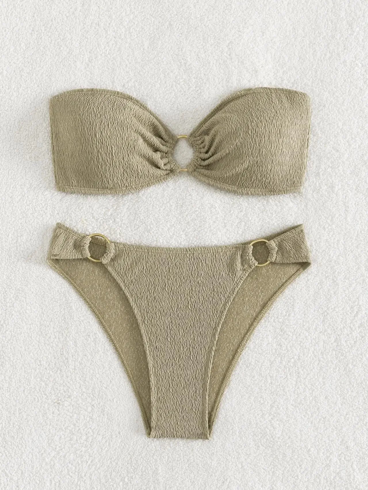 Voguable Sexy Black Bikini Set Women Bandeau Ring Linked Push Up Micro Swimsuit Solid Black Bathing Suit Thong Swimwear Beachwear voguable