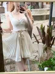 Voguable Summer White French Vintage Dress Women Lace Ruffles Kawaii Sweet Mini Dress Female Ruched Bandage Korean Fashion Strap Dress voguable