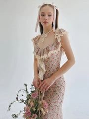 High Slits Colorful Maxi Dress Women Bandage Patchwork Lace Folds Irregular Low-Neck Sweet Skinny Temperament Vestidos voguable