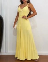 Voguable Metal decorative deep V-neck adjustable thin shoulder strap, hollowed out front placket, waistband, pleated wide leg jumpsuit voguable