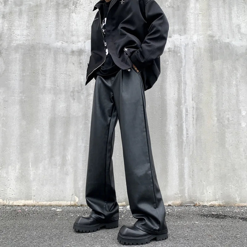 Black Leather Pants Men Fashion Casual Straight Pants Men Streetwear Korean Loose Wide Leg Pants Mens Motorcycle Trousers S-2XL voguable
