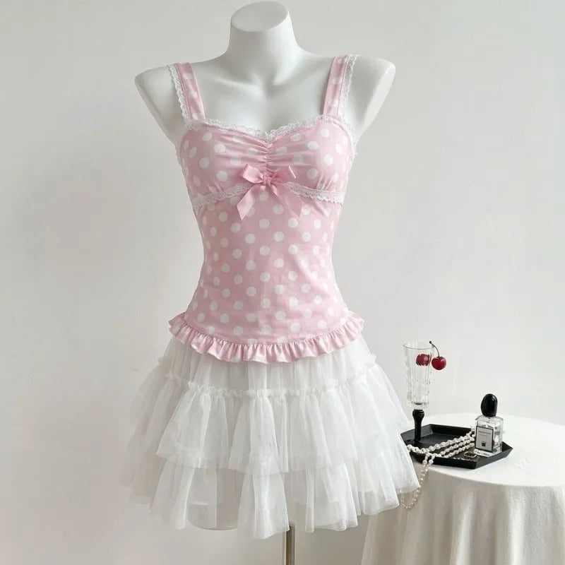 Voguable Women Vintage Polka Dot Lace Patchwork Sweet Summer Fashion Girl Y2k Harajuku Crop Tank Tops Female Casual voguable