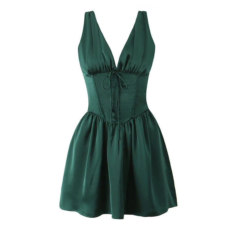 Summer Women High Quality Dark Green Satin Princess Tank Dress Lady V Neck Sleeveless Low Waist A-line Mini Dresses