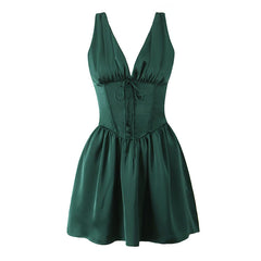 Summer Women High Quality Dark Green Satin Princess Tank Dress Lady V Neck Sleeveless Low Waist A-line Mini Dresses