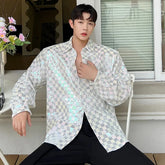 Voguable Reflect Light Plaid Design Elegant Long Sleeve Shirts Korean Fashion Men's Casual Tops 2024 Spring Trendy Clothes voguable
