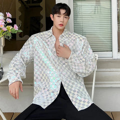 Voguable Reflect Light Plaid Design Elegant Long Sleeve Shirts Korean Fashion Men's Casual Tops 2024 Spring Trendy Clothes voguable