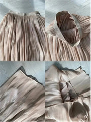 French Elegant Solid Silky Shiny Long Skirt Fashion Elastic Waist Satin Pleat Women Dress Spring Korean Chic A-line Ladies Skirt voguable