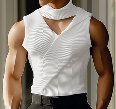 Summer Men Tank Tops Solid Color Knitted Turtleneck Sleeveless Male Vests Tops Hollow Out Sexy Men Clothing Streetwear voguable