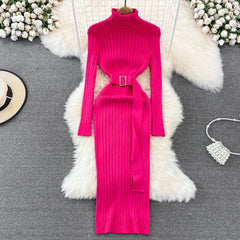 Ins Hot Turtleneck Sexy Wrap Hips Knitted Dresses Women Autumn Winter Long Sleeve Bodycon Sweater Dress with Belt voguable