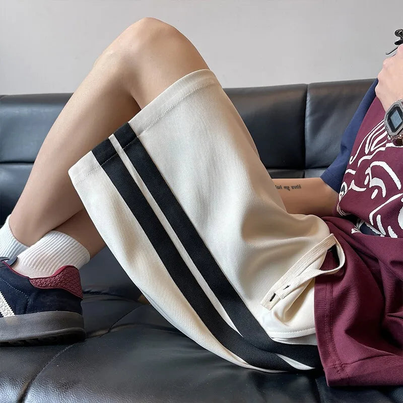 Casual Shorts men Elastic Waistband Loose Fit Drawstring Comfortable Summer Beach Outdoor Side Stripe Design Gym Streetwear voguable