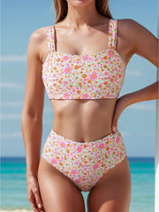 Voguable Floral Print 2 Piece Swimsuit for Women High Waist Sexy Bandeau Bikini Set Suspender Backless Beach Vacation Swimwear New voguable