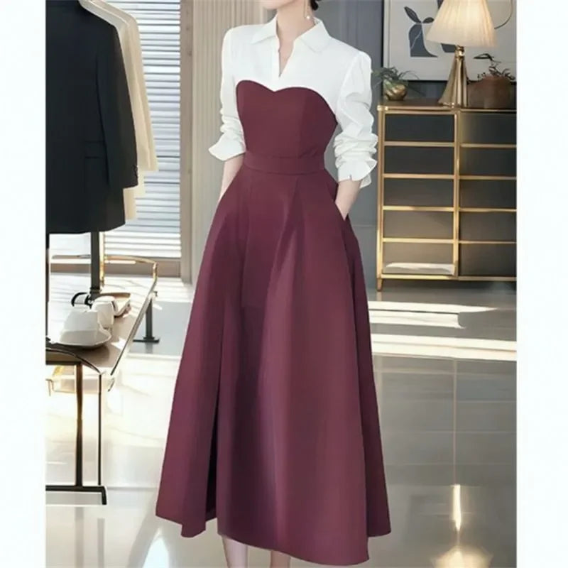 Voguable Spring Autumn New Long-Sleeved Dress Women's Clothing French High-End Sense Medium-long Fashion Slim Stitching Dresses voguable