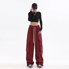 Streetwear Vintage Hip Hop Oversize Red Cargo Pants Women Drawstring Elastic Waist Loose Wide Leg Harajuku Casual Trousers 2023 voguable