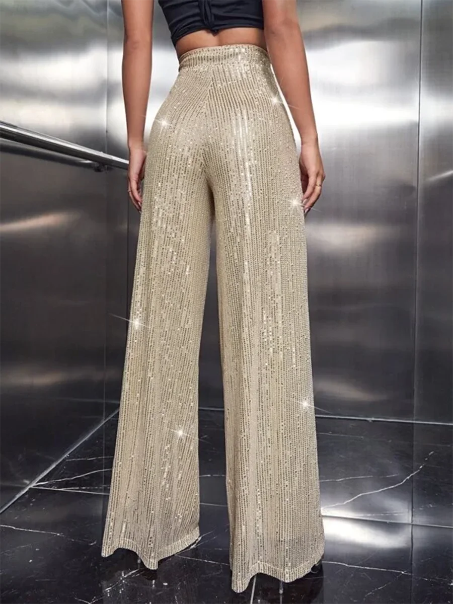 Voguable Women Sequin Flare Pants Sparkly High Waist Wide Leg Bell-bottom Trousers Slim Party Club Shiny Pants Clubwear voguable
