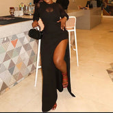 Voguable Sexy Mesh O-neck Hollow Out Bodycon Dress Elegant High Split Slim Wrap Hips Dress Lady See-through Sleeve Solid Evening Dresses voguable