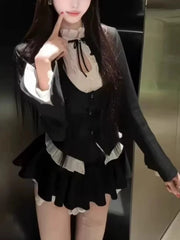 Voguable Korean Style Chic Spicy Girl Black Suit Jacket Women Elegant Hollow Out White Shirt Puffed Mini Skirt Fashion Three-piece Set voguable