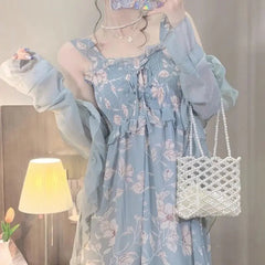 Voguable Summer Floral Printed Suspender Dress Slim Women Sleeveless Fairy Long Dress Casual Vacation Casual Dress Two-piece voguable
