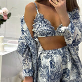 Voguable Fashion Loose Print 3 Piece Shorts Sets Women Outfit 2024 Elegant Long Sleeve Shirt + Bra With High Waist Shorts Set Streetwear voguable